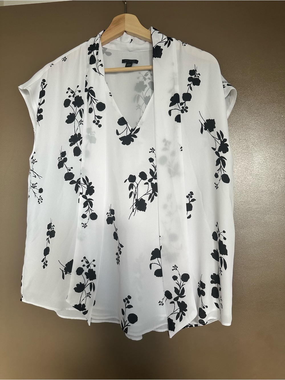 Ann Taylor White Blouse with Black Floral Print and Neck Tie